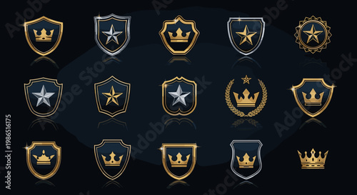 Collection of Golden Shields and Crowns Emblems.