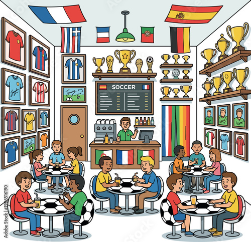 People enjoying a soccer-themed cafe with flags and memorabilia