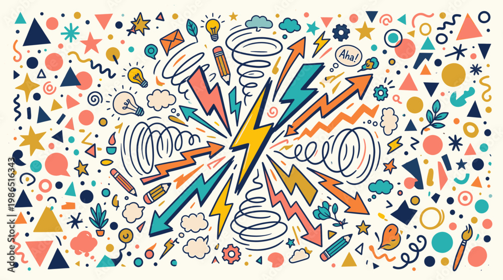 Fototapeta premium Handdrawn Colorful Creative Brainstorming Doodle Art Illustration for Idea Generation and Problem Solving