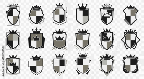 Collection of heraldic shields with crowns and emblems.