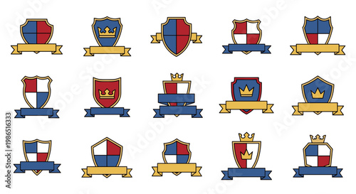Collection of heraldic shields with crowns and banners.
