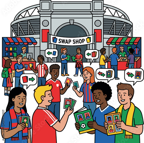 Soccer fans trading collectible cards outside stadium