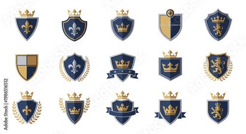 Collection of Royal Crests and Shields with Crowns and Laurels.