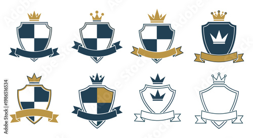 Collection of Royal Crests and Shields with Crowns and Ribbons.