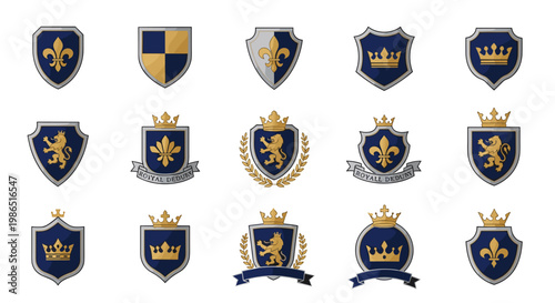 Collection of Royal Crests and Shields with Crowns and Lions.