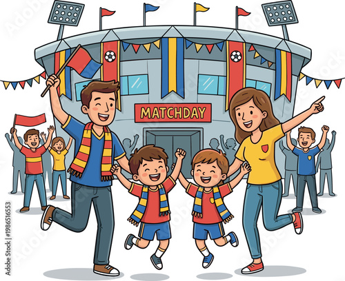 Happy family and fans arriving at soccer stadium for matchday