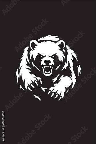 A black and white silhouette of a bear running in front of camera vector with black background