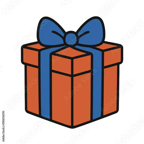 Cute Cartoon Orange Gift Box with Blue Bow Ribbon for Birthday and Celebration