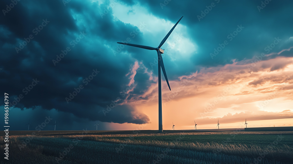 Obraz premium A dramatic sunset behind wind turbines, showcasing renewable energy and nature's beauty in a stunning landscape.