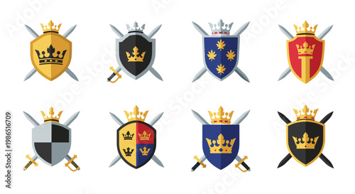 Collection of Royal Shields and Swords with Crowns.