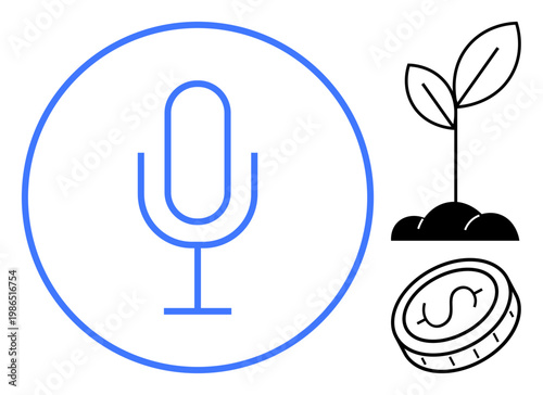Sustainability, podcasting, financial growth, environmental awareness, media communication, investments. A microphone, a sprouting plant and a dollar coin. Sustainability and podcasting concept