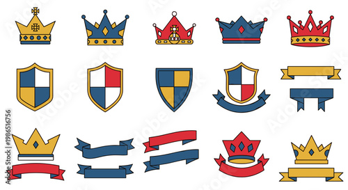 Collection of Royal Symbols Including Crowns Shields and Banners.