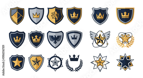 Collection of Shield Emblems and Badges with Crowns Stars and Eagles.