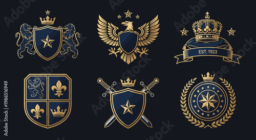 Collection of six ornate gold emblems and crests on dark background.