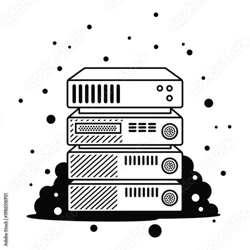 Stack of computer servers with ventilation holes and circles on white background with dots icon