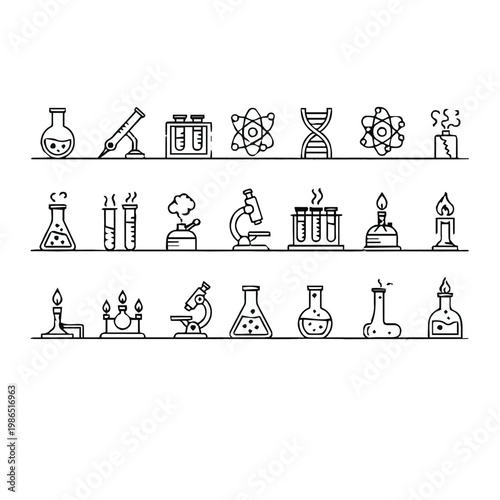 Black and white illustrations of various science laboratory equipment and tools