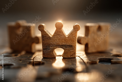 Golden wooden puzzle crown leadership success teamwork focus support community concept shining achievement.