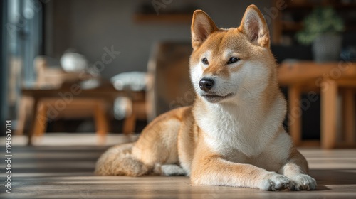 Inu relaxing modern minimalist living room floor shiba inu dog warm afternoon sunbeams soft natural window light contemporary home interior.