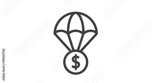 A simple vector graphic illustration shows a dollar sign icon being carried safely by a parachute, symbolizing financial aid, secure money delivery, and unexpected income for business concepts.