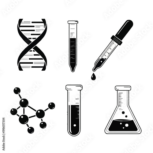 Black and white laboratory equipment and dna illustration