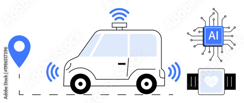 Smart transportation, autonomous vehicles, artificial intelligence, wearable tech, GPS navigation, IoT innovation. Self-driving car with AI chip, smartwatch GPS location pin. Smart transportation