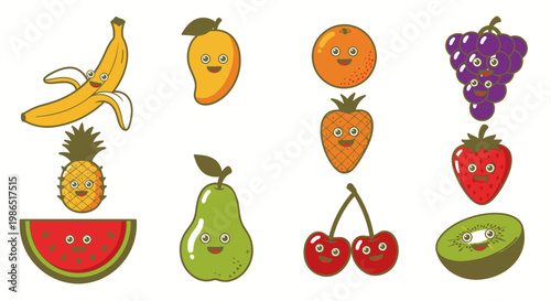 Colorful cartoon fruits smiling faces.