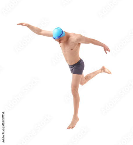 Jumping male swimmer on whi...