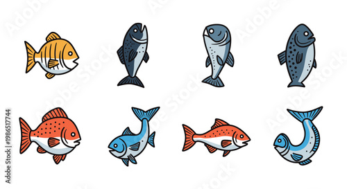 Colorful cartoon fish in various poses.
