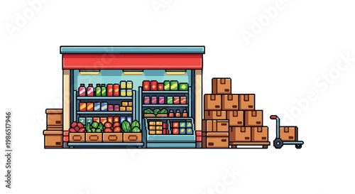 This colorful vector illustration depicts a small grocery store storefront filled with various produce, canned goods, and delivery boxes outside.