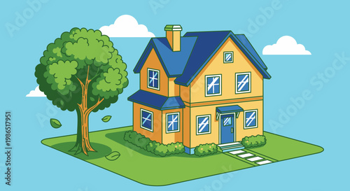 Yellow house with blue roof and door.