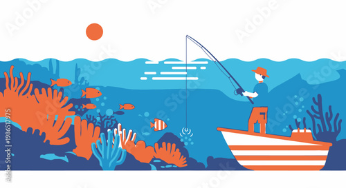 Man fishing from a boat underwater.