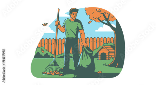 Man raking leaves in yard work.