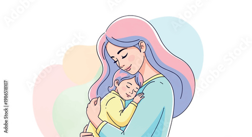 Mother, baby, pastel colored illustration, vector, parenting, love, family