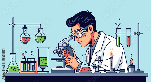 Scientist in lab coat using microscope.