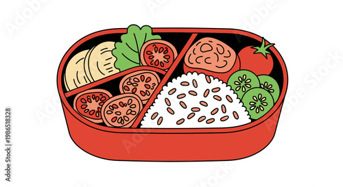 Colorful bento box with food.