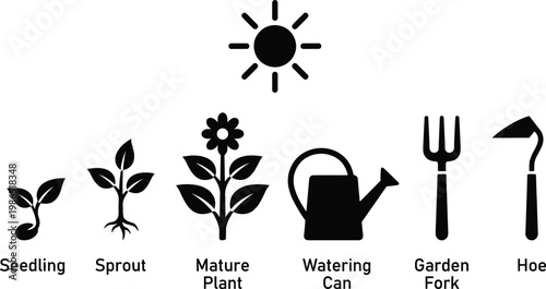 Black Silhouettes of Gardening Icons Including Seedling, Sprout, Mature Plant, Watering Can, Garden Fork, and Hoe for Gardening, Horticulture, and Agriculture Illustrations