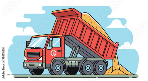 Red dump truck with sand load.