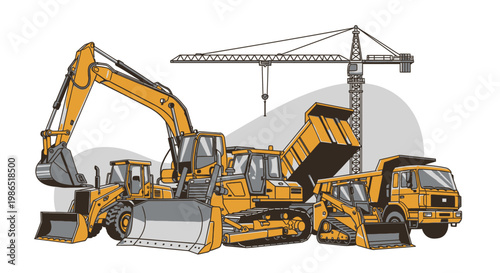 Heavy construction equipment yellow machines.