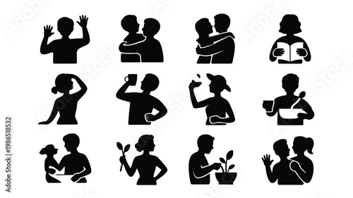 Silhouettes of people engaged in various activities including waving kissing reading gardening and exercising in a minimalist black and white design style