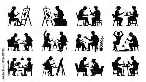 Silhouettes of people engaged in creative daily activities including painting sketching playing music and socializing in a minimalist style
