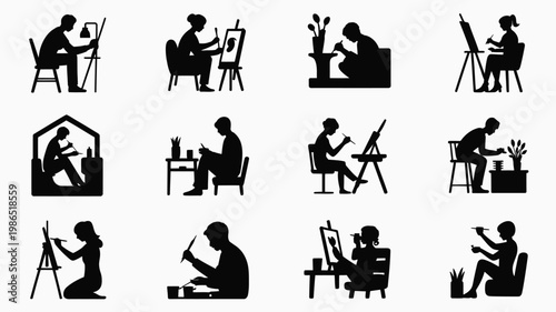 Artists and creatives engaging in various artistic activities painting sketching and sculpting in different settings black silhouettes on white background