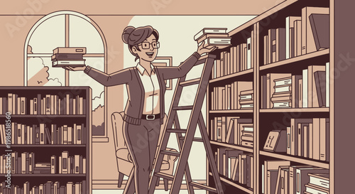 Man standing on ladder with books.