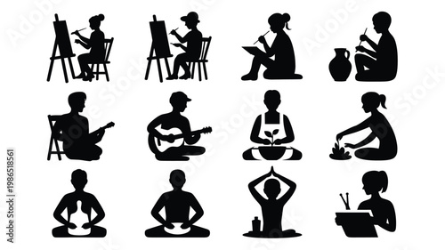 Silhouettes of people engaged in various creative and relaxing activities including painting playing instruments meditating and crafting depicted in a clean vector illustration