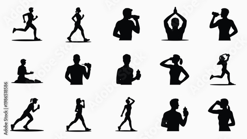 Silhouettes of 12 active people exercising running stretching and meditating in minimalist black style isolated on white background fitness and mindfulness concept