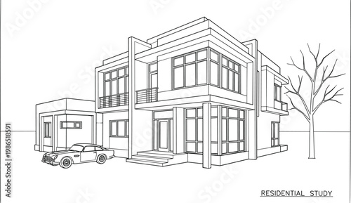 Contemporary cubic house with flat roof, large windows and garage in clean residential architectural line vector illustration