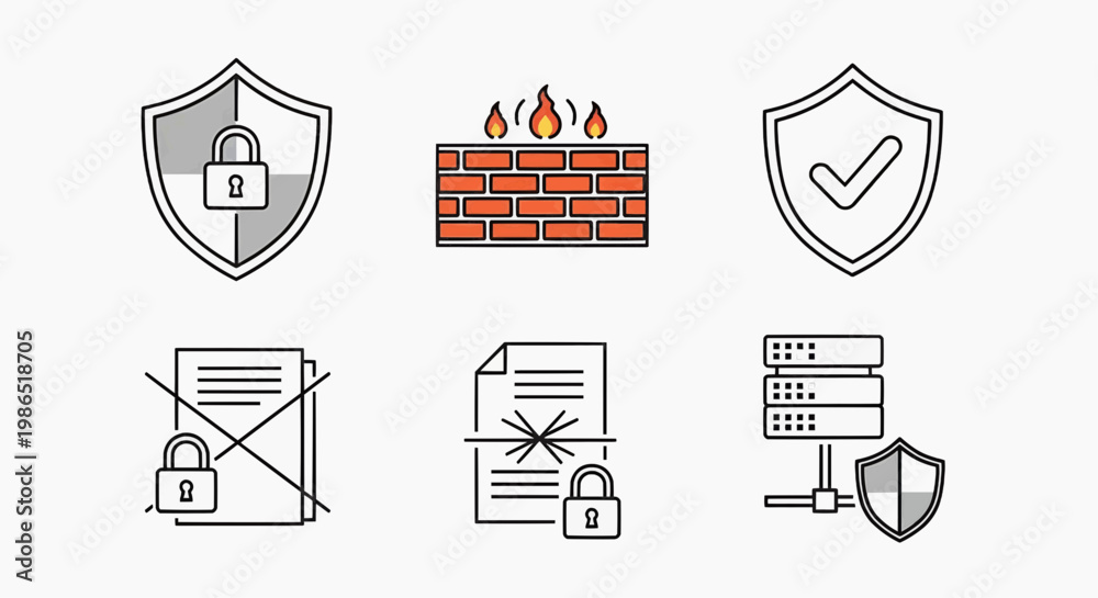 Fototapeta premium Security icons depict shields, locks, and protected documents with a brick wall.