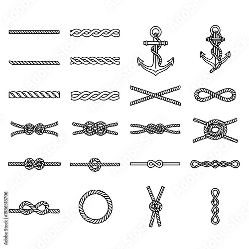 Vintage Nautical Rope Knots and Anchor Line Design Vector Set