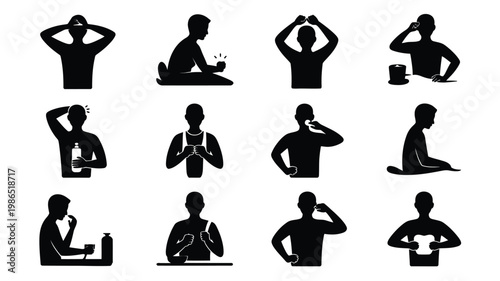 Silhouettes of 12 people performing a variety of daily routine activities including eating drinking and exercising depicted in minimalist black and white design