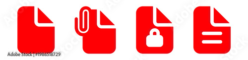 Red flat icons with document file attachment clip and secure paper symbols