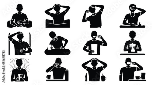 Set of 12 silhouette icons depicting daily tasks morning routines and everyday activities in black and white